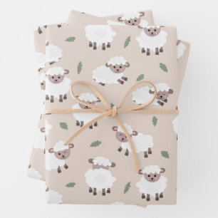 Süße handgezeichnete Schaf- und Lamm-Hoftiere Geschenkpapier Set