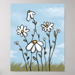 Süße handgezeichnete weiße Margeriten Aquarellkuns Poster