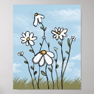 Süße handgezeichnete weiße Margeriten Aquarellkuns Poster