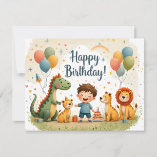 Süße Happy-Birthday-Karte mit Tieren und Jungen
