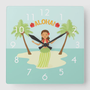 Süße hawaiianische Hula-Mädchen-Luau-Uhr mit Zahle Quadratische Wanduhr