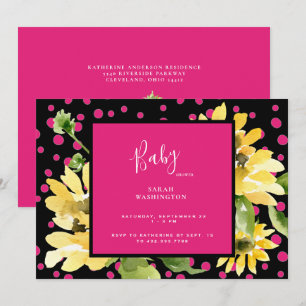 Süße heiße rosa und schwarze Sonnenblumen-Baby-Par Einladung