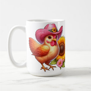 Süße Henne in rosa Hut mit leuchtender Sonnenblume Kaffeetasse