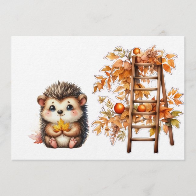 Süße Herbst-Igel-Illustration mit Ernte-Leiter Einladung (Vorderseite)