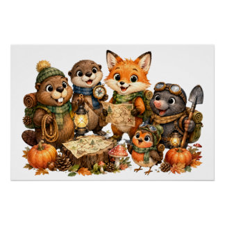 Süße Herbst-Waldtiere Schatzsuche Poster