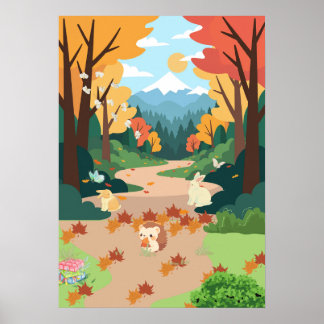Süße Herbstwaldtiere Kuschelige Landschaftskunst P Poster