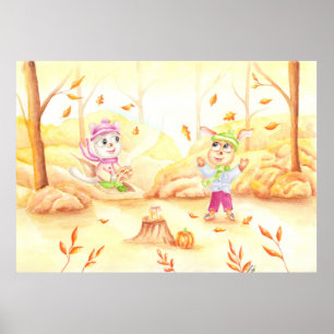 Süße Herbstwanderung im Wald Poster