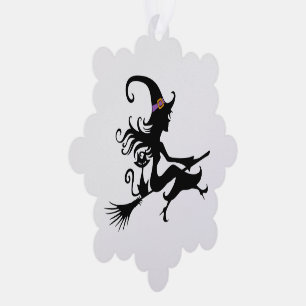 Süße Hexe auf einem Besen Silhouette Ornament Karte