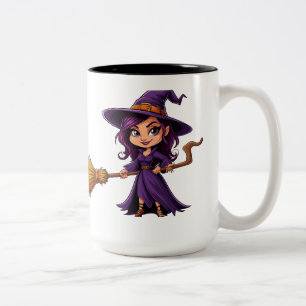 Süße Hexe hält Besen für Halloween-Spaß 🧹 Zweifarbige Tasse