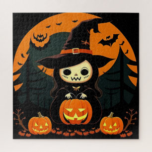 Süße Hexe hält Kürbis an gruseligen Halloween