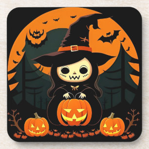 Süße Hexe hält Kürbis an gruseligen Halloween Getränkeuntersetzer