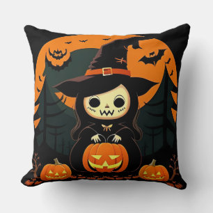 Süße Hexe hält Kürbis an gruseligen Halloween Kissen