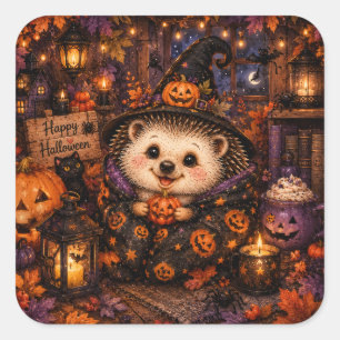 Süße Hexe Igel Frohes Halloween Gemütlicher Kürbis Quadratischer Aufkleber