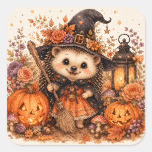 Süße Hexe Igel Halloween Besen Kürbisse Quadratischer Aufkleber
