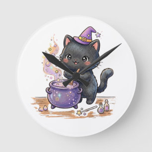 Süße Hexe schwarze Katze braut magischen Trank Hal Runde Wanduhr