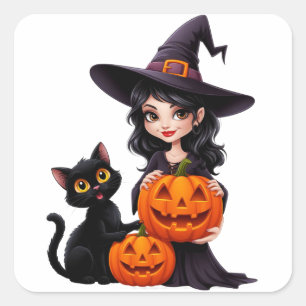 Süße Hexe schwarze Katze Kürbis Halloween 🧙♀️ Quadratischer Aufkleber