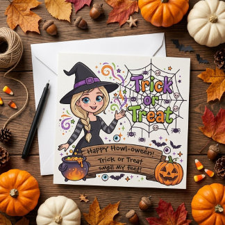 Süße Hexe 'Süßes oder Saures' Frohe Halloween-Grüß Karte