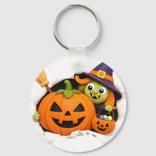 Süße Hexe und Jack-o'-Lantern-Tonfigur Schlüsselanhänger