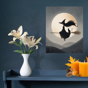 Süße Hexen-Girl-Besen- und Katzen-Kinder-Halloween Poster