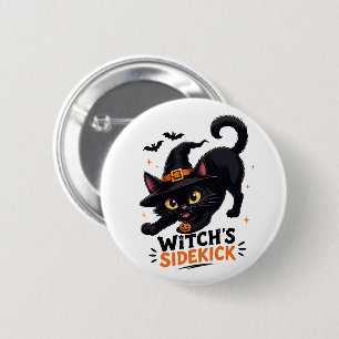 Süße Hexenhelferin schwarze Katze Halloween Button