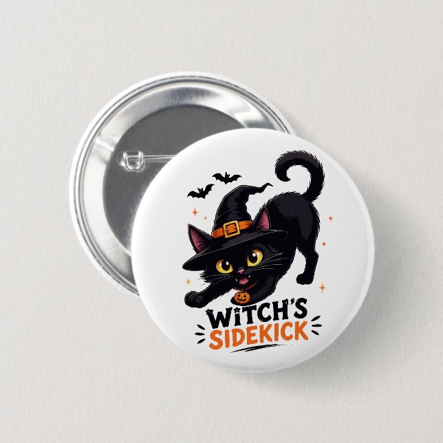 Süße Hexenhelferin schwarze Katze Halloween Button (Vorne & Hinten)