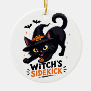 Süße Hexenhelferin schwarze Katze Halloween Keramik Ornament