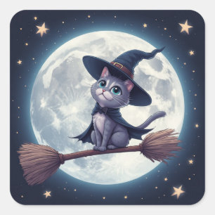 Süße Hexenkatze auf Besen unter Vollmondhimmel 🎃 Quadratischer Aufkleber