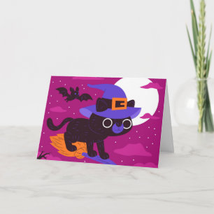 Süße Hexenkatze fliegt auf Besen Halloween Kawaii Karte