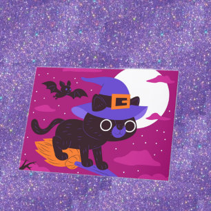 Süße Hexenkatze fliegt auf Besen Halloween Kawaii Karte