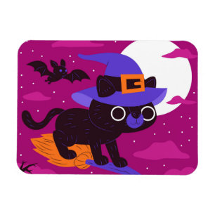 Süße Hexenkatze fliegt auf Besen Halloween Kawaii Magnet