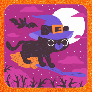 Süße Hexenkatze fliegt auf Besen Halloween Kawaii Quadratischer Aufkleber