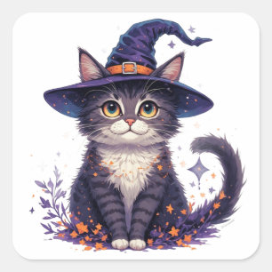 Süße Hexenkatze mit Sternen und Herbstblättern 🎃 Quadratischer Aufkleber