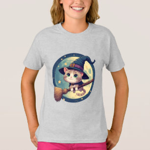Süße Hexenkatze reitet auf einem Besen unter Mondl T-Shirt