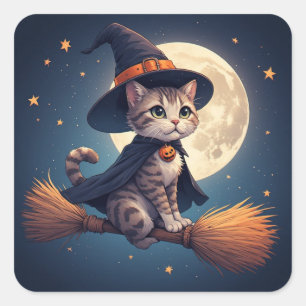 Süße Hexenkatze und Sterne Halloween-Mond-Szene 🎃 Quadratischer Aufkleber