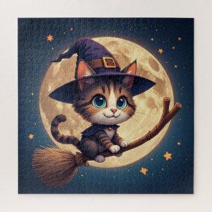 Süße Hexenkatze unter Sternen und Vollmond 🎃