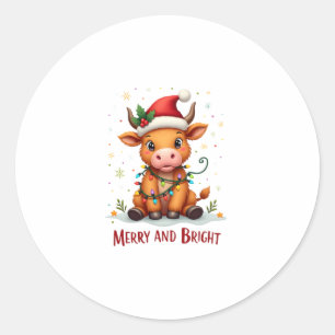 Süße Highland-Babykuh-Weihnachtslichter Merry & Br Runder Aufkleber