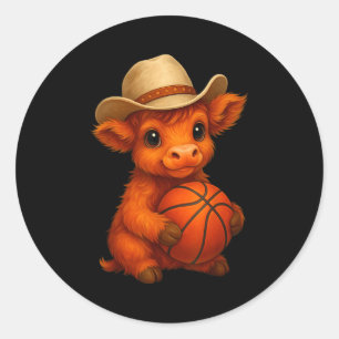 Süße Highland-Kuh Basketball-Kalb Sportliebhaber Runder Aufkleber