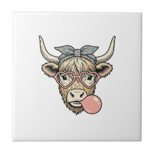Süße Highland-Kuh-Bubble-Gum-Vintage-Vektorgrafik Fliese