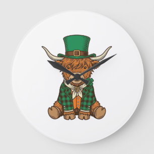 Süße Highland-Kuh Irischer Kleeblatt Vintage-Shirt Große Wanduhr