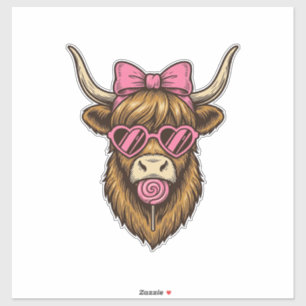 Süße Highland-Kuh mit rosa Herzbrille Vektor_1 Aufkleber