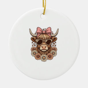 Süße Highland-Kuh Sonnenbrille Rosa Schleife Vinta Keramik Ornament