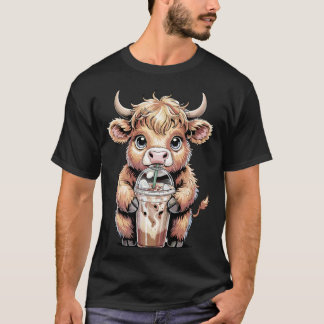 Süße Highland-Kuh trinkt eisgekühlten Kaffee-Latte T-Shirt