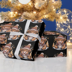 Süße Highland-Kuh-Weihnachtsbäume Heiße Schokolade Geschenkpapier