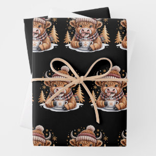Süße Highland-Kuh-Weihnachtsbäume Heiße Schokolade Geschenkpapier Set