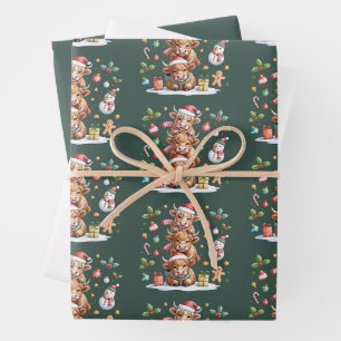 Süße Highland-Kuh Weihnachtsbäume Heiße Schokolade Geschenkpapier Set