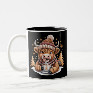 Süße Highland-Kuh-Weihnachtsbäume Heiße Schokolade Zweifarbige Tasse