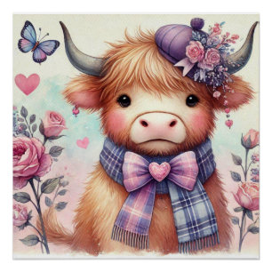 Süße Highlands-Kuh vintage Wasserfarbe floral Poster