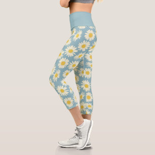Süße Himmelblau-Weiße Blumige Daisy Capri Leggings