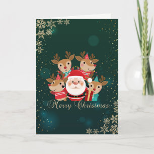 Süße Hirsche, Weihnachtsmann, Schneeflocken Weihna Feiertagskarte