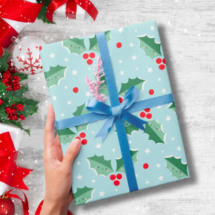 Süße Holly-Beeren Weihnachten hellblau Geschenkpapier